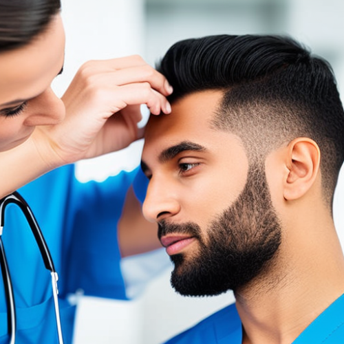 A doctor examines a patient's head.